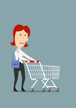 Happy businesswoman shopping with trolley cart