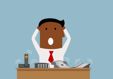 Overworked businessman with many phone calls