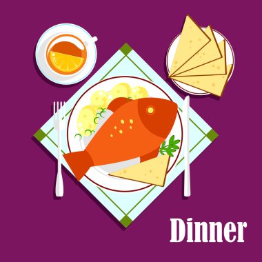 Seafood dinner with fried fish, bread and tea