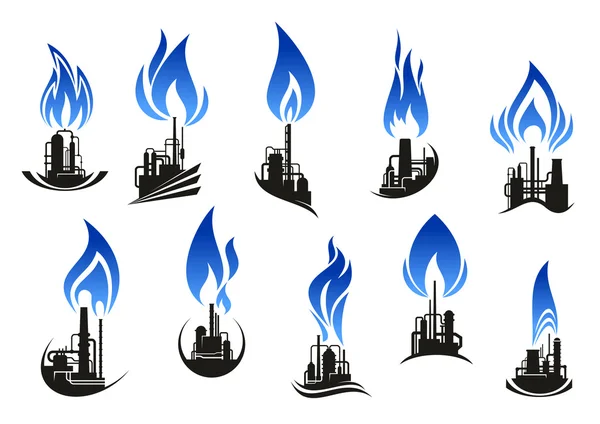 Industrial chemical plants with blue flames — Stock Vector