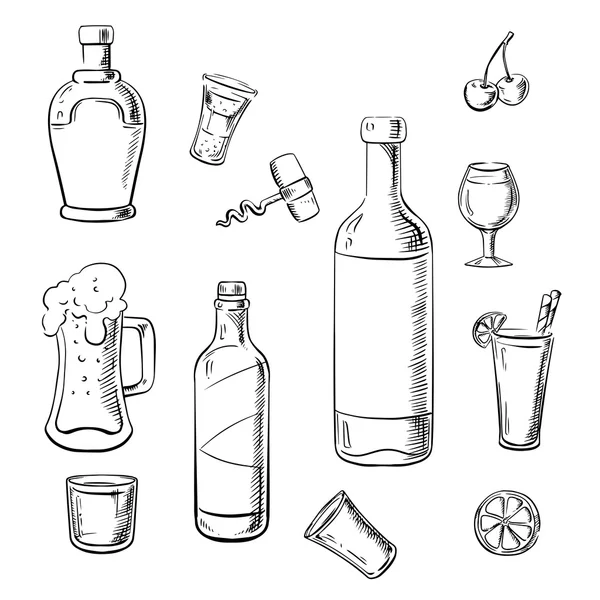 Bevande alcoliche, bottiglie di vino e cocktail — Vettoriale Stock