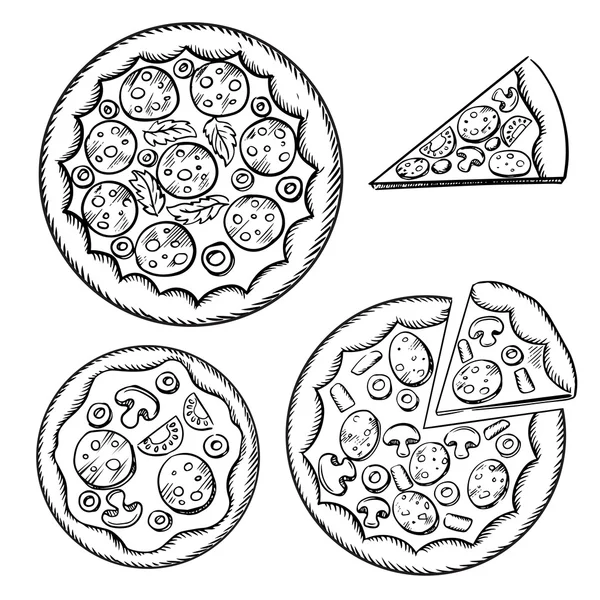 Bocetos de pizza italiana con diferentes coberturas — Vector de stock