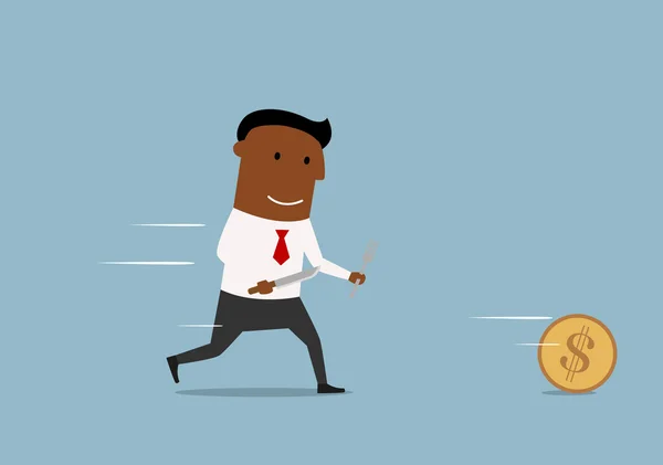 Cartoon businessman chases golden dollar coin — Stockvector