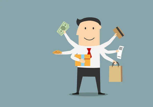 Cartoon happy businessman after shopping — Stock vektor