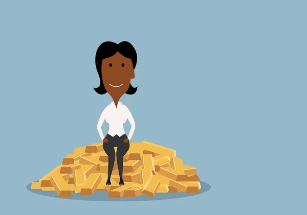 Businesswoman sitting on heap of gold bars — 스톡 벡터