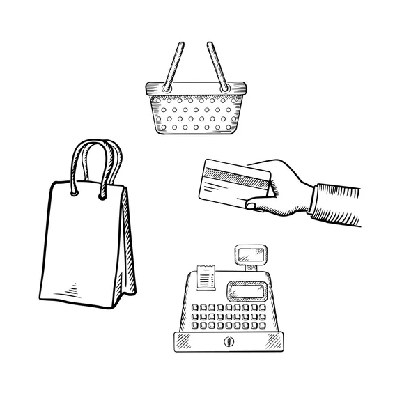 Shopping und Markt Skizzen Icons Set — Stockvektor