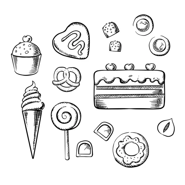 Kue manis yang lezat, toko roti dan sketsa makanan penutup - Stok Vektor