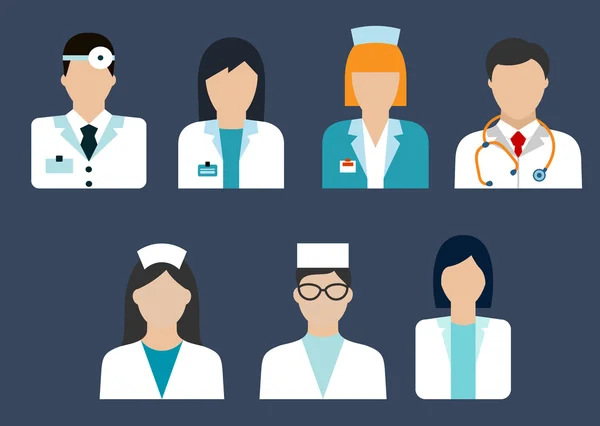 Médicos y enfermeras avatar iconos planos — Vector de stock