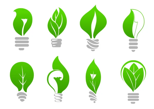 Save energy light bulb icons with green leaves — Stok Vektör