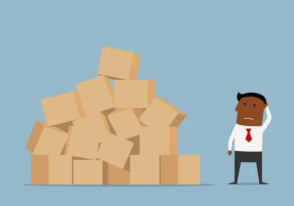 Worried businessman and large pile of boxes — Stockvector