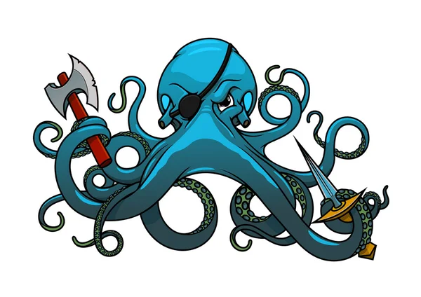 Cartoon octopus pirate with axe and sword — Stockový vektor