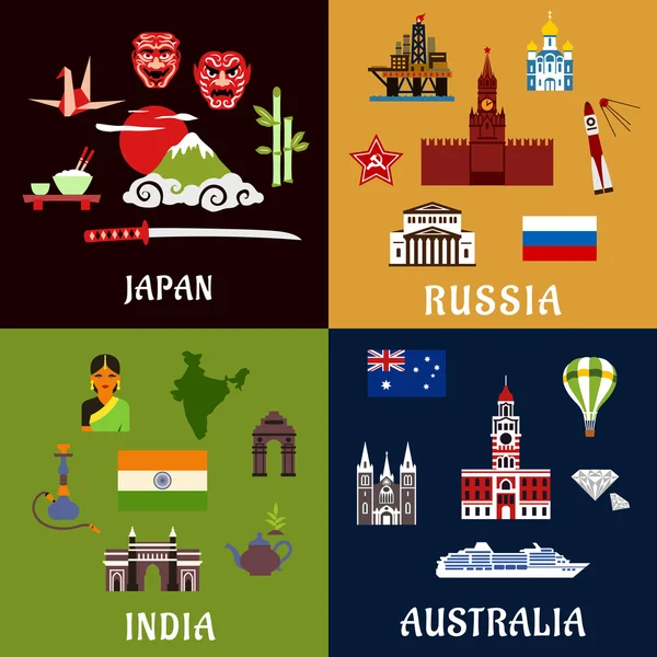 Japan, Russia, India and Australia travel icons — ストックベクタ