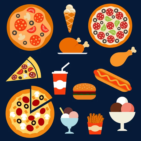 Fast food, bebidas e sobremesas ícones menuflat — Vetor de Stock