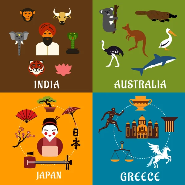 India, Greece, Japan and Australia travel icons — Stockový vektor