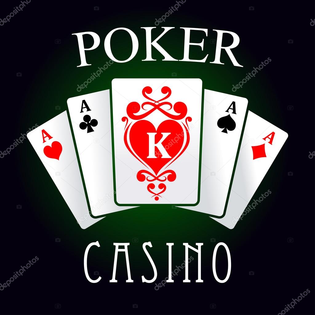 Poker casino game symbol of four of a kind hand with four aces and king of hearts cards, decorated by swirling red ornament. For gaming industry design