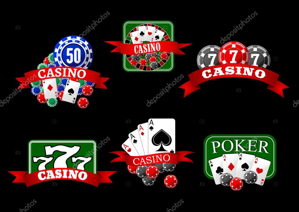Casino icons with poker hands of aces cards, gambling chips, jackpot lucky triple seven and roulette table, decorated by red ribbon banners