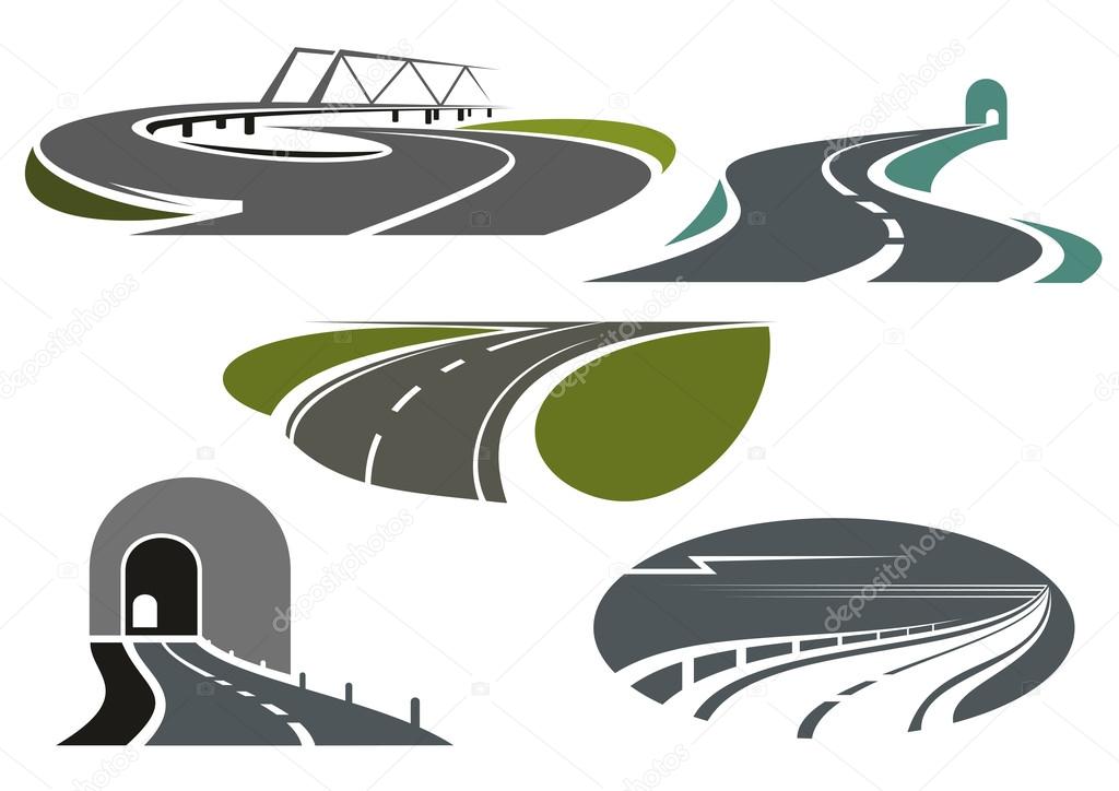 Mountain tunnels, highways, overpass road with bridge and winding bypass rural roads. Icons for travel or transportation themes