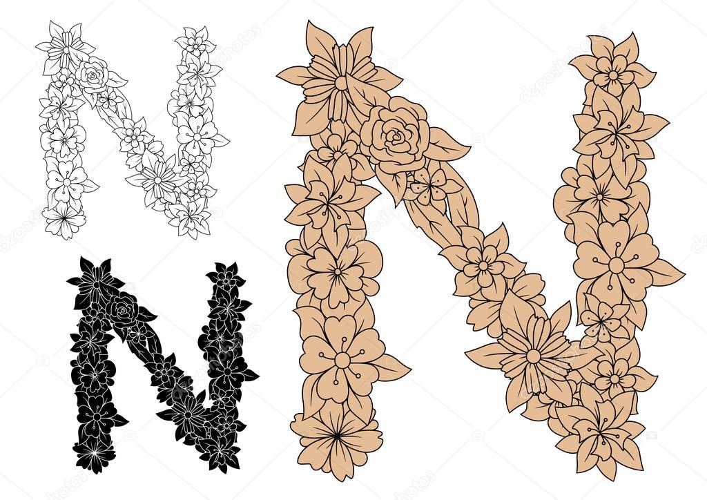 Floral letter N with brown flower elements