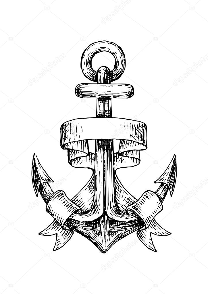 Sketch of retro nautical anchor with wavy banner