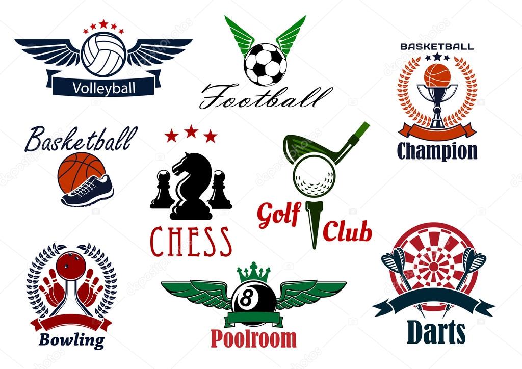 Sports game club or team emblems with volleyball, football, soccer, basketball, golf, chess, poolroom, darts and bowling with sport items and heraldic elements