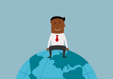 Happy businessman sitting on the earth globe