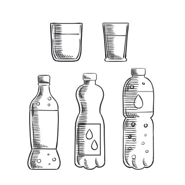 Soda, glasses and mineral water bottles sketch