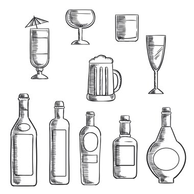 Bottles and glasses of alcohol beverages sketch