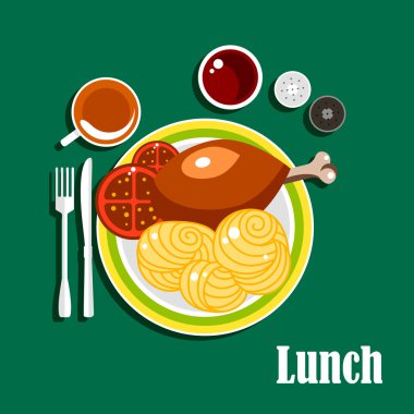 Lunch with chicken leg, sauce, noodles and tea