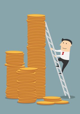 Cartoon businessman climbing to coins stacks