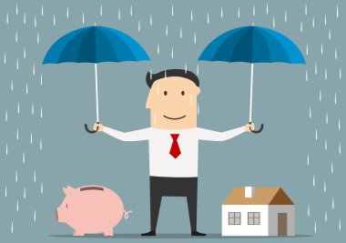 Businessman holds umbrellas over house and piggy bank