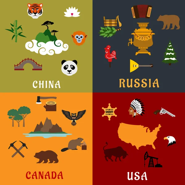 США, Китай, Россия и Канада плоские иконки путешествия — стоковый вектор