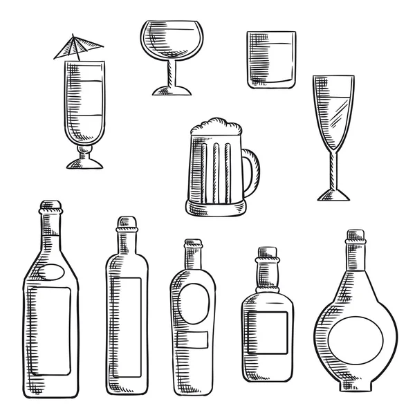 Bottles and glasses of alcohol beverages sketch — Stock Vector