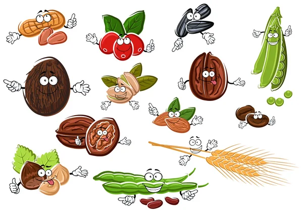 Nueces de dibujos animados, frijoles, semillas y trigo — Vector de stock