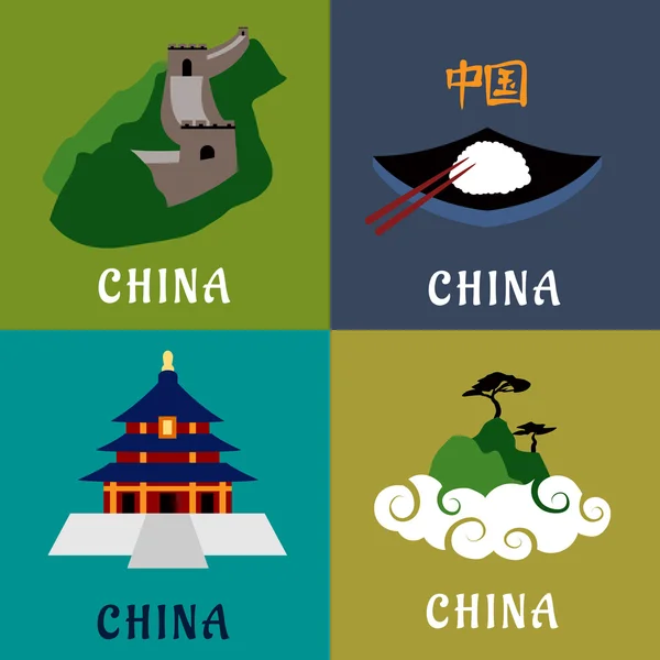 Arquitectura china, cocina y monumentos iconos planos — Vector de stock