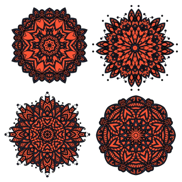 Floral circular patterns with red and orange flowers — Stok Vektör