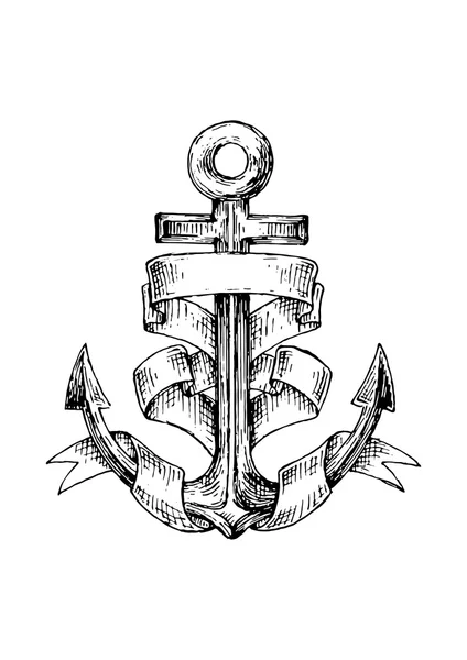 Vintage anchor wrapped by forked ribbon, sketch — Διανυσματικό Αρχείο