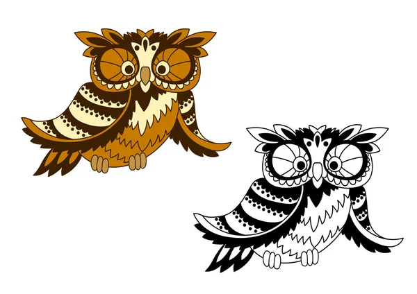 Funny cartoon owl bird in outline style — 스톡 벡터