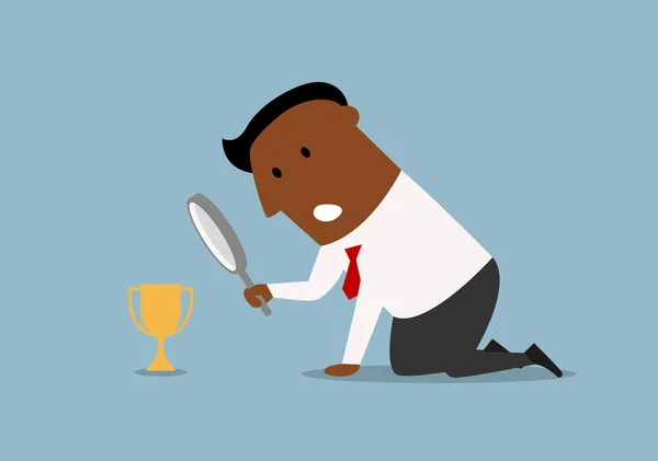 Businessman looking at small trophy with magnifier — Stock Vector