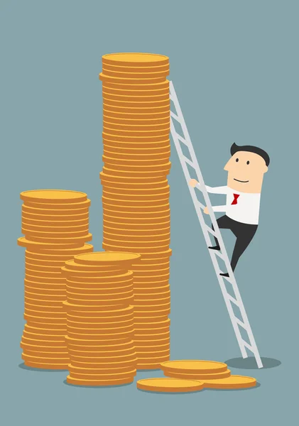 Cartoon businessman climbing to coins stacks — Stockvector