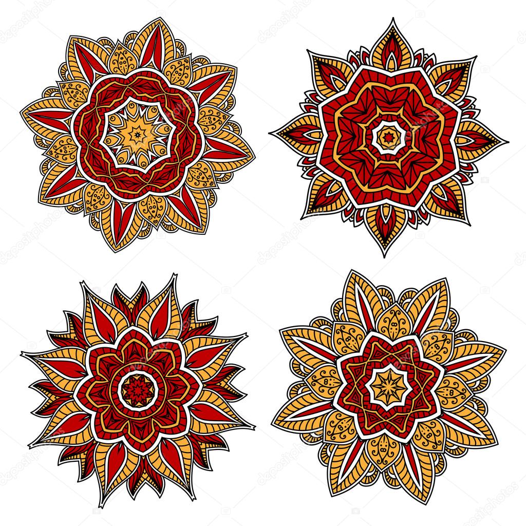 Circular floral patterns with red and yellow elements