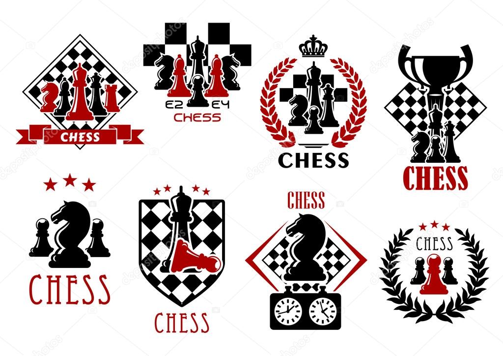Chess game heraldic symbols of chessboards with pieces of kings, queens, bishops, knights, rook and pawns, clock, trophy cup, heraldic shield, wreaths, ribbon banners and crowns