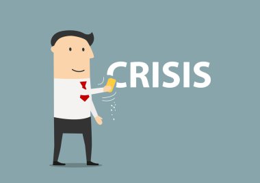 Happy businessman erasing the word crisis