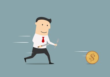  Cartoon businessman pursuing a golden coin 