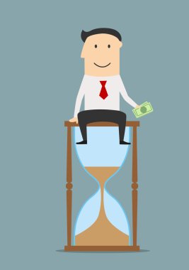Businessman sitting on a hourglass with money
