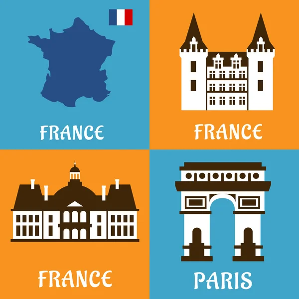 Marcos franceses e ícones de viagem plana — Vetor de Stock