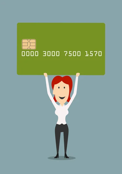 Businesswoman holding credit card above head — 스톡 벡터