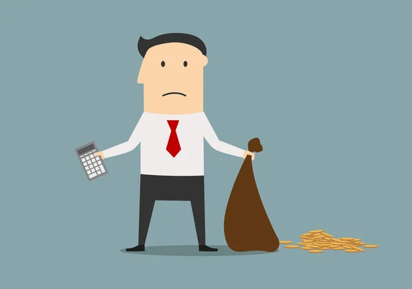 Bankrupt manager with calculator and empty bag — Stockvector