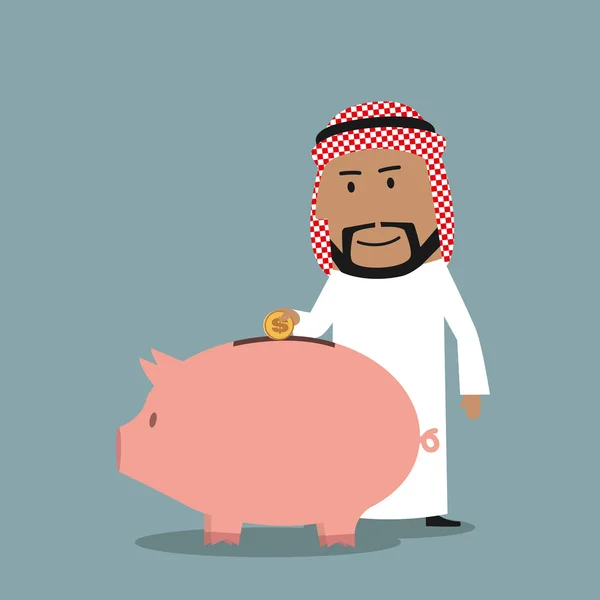 Arab businessman puts a coin into piggy bank — Stock Vector
