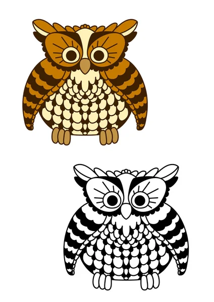 Fluffy owl bird with brown and yellow plumage — 스톡 벡터