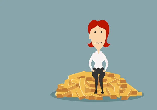 Erfolgreiche Geschäftsfrau sitzt auf Goldbarren — Stockvektor
